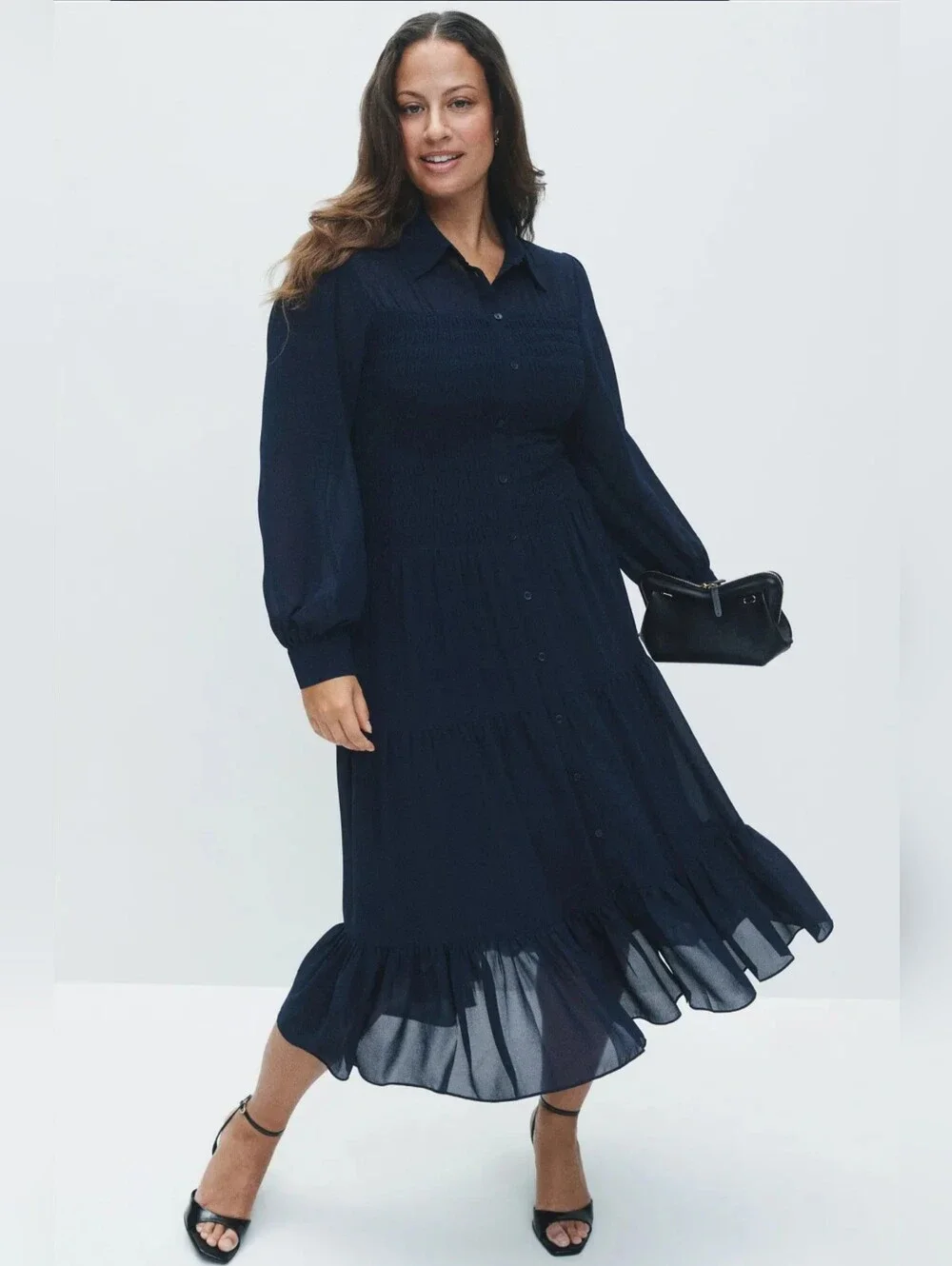 Michael Kors Navy Smocked Button Down Shirt Dress Women Size M
